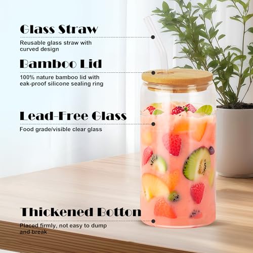 Nuangoo 6 x Drinking Glasses with Bamboo Lids and Glass Straw, Glass Can 500 ml, with Lid and Straw, Reusable Cups for Ice Coffee, Cocktail, Smoothie, Soda, Beer