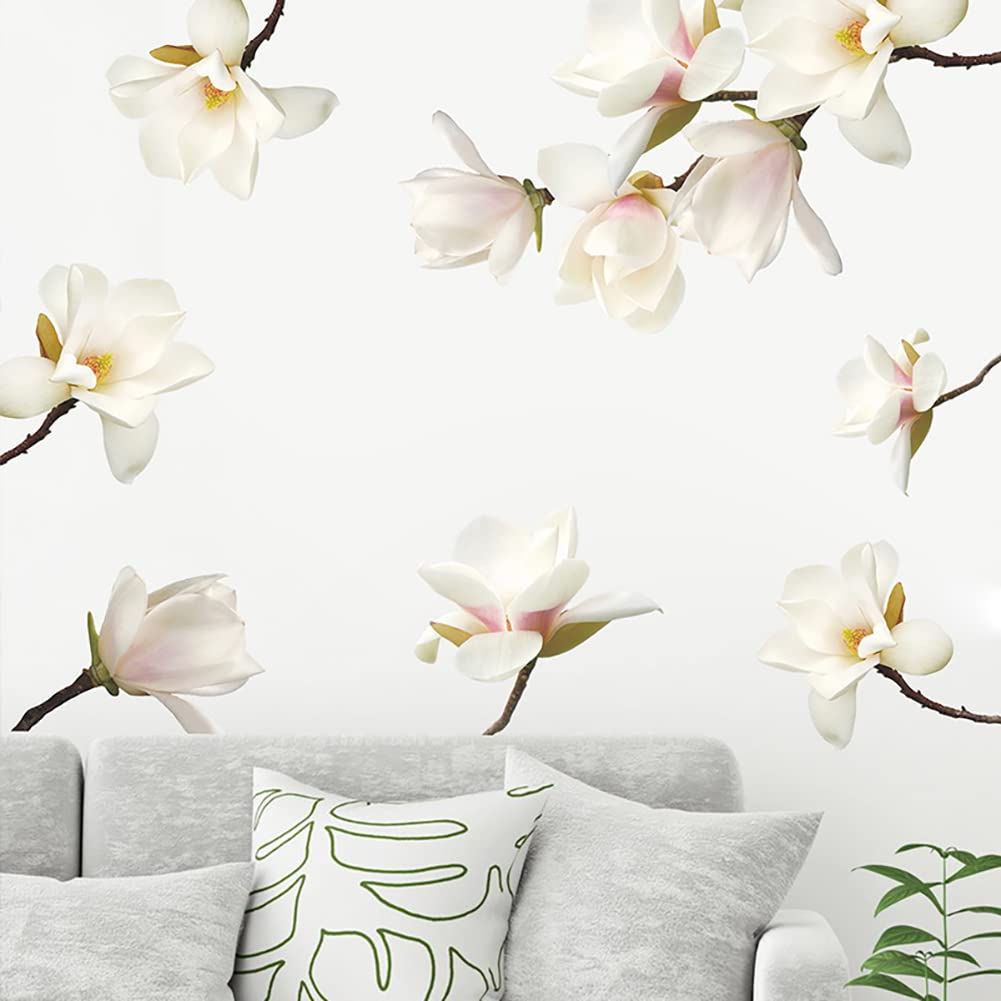 Runtoo 3D White Flower Wall Stickers Magnolia Floral Wall Art Decals for Girls Bedroom Living Room Wall Decor