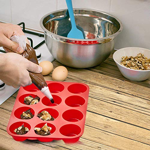 Silicone Muffin Pan Silicone Cupcake Baking Cups, 12 Non Stick Silicone Molds for Muffin Tins| Easy Clean |BPA Free| Mini Cupcake Pan (Red)