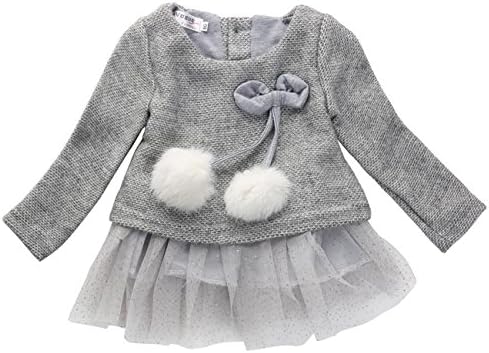 Baby Girls Long Sleeve Dress Knitted Bow Sweater Top Tulle Tutu Princess Dress Autumn Winter -Glosun (6-12 Months, Gray)