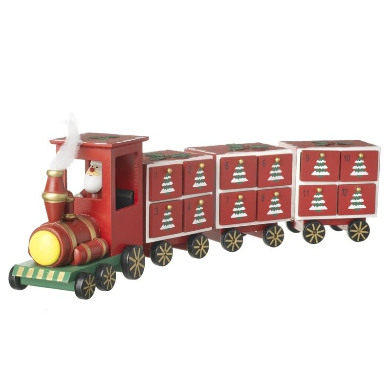 Wooden Red Christmas Advent Calendar Xmas Train Engine 3 Carriages Santa Driver