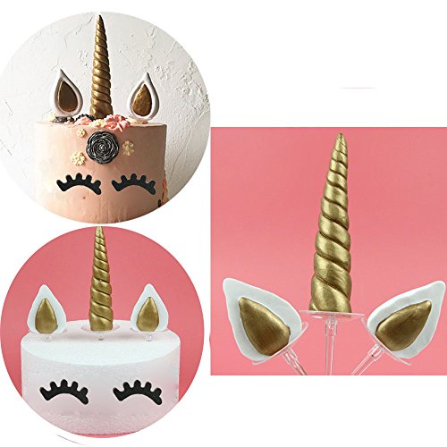 set of 5 Handmade Gold Unicorn Birthday Cake Topper. Unicorn Horn, Ears and Eyelash Set. Unicorn Party Decoration for baby showerwedding and birthday party