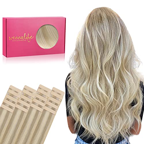 WENNALIFE Adhesive Hair Extensions Natural Hair, 35 cm, 50 g, 20 Pieces, Aschblond bis Goldblond und Platinblond, Remy Hair Extensions Human Hair