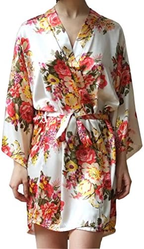 Women's Satin Floral Short Kimono Robes for Bride and Bridesmaid Wedding Party Robes Nursing Gown