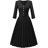 Dressystar Women's 1950s Vintage Long Sleeve Cocktail Party Dress Retro V Neck Belted Midi Rockabilly Prom Dresses Black L
