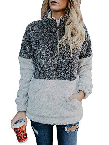 TEMOFON Womenâ€™s Long Sleeve Zipper Fleece Jacket Sherpa Pullover Winter Outwear Sweatshirt CoatÂ with Pockets Grey S
