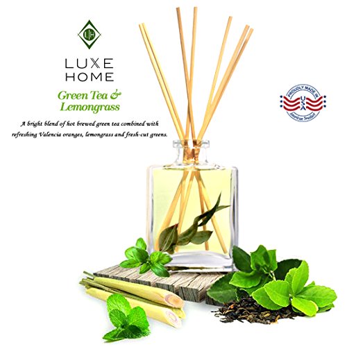 Luxe Home Green Tea & Lemongrass Essential Oil Reed Diffuser | Scent Notes of Valencia Oranges, Lemongrass and Fresh-Cut Greens | Makes a Pretty for The Home
