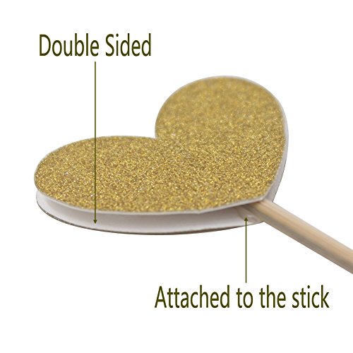 Zicome 50 Pack Double Sided Gold Glitter Cupcake Toppers Attached with Sticks for Baby Bridal Shower Birthday Party and Wedding (Heart)