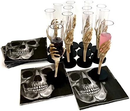 Halloween Party Supply Bundle - Skeleton Hand Glasses - 1 Dozen, Super Stretch Spider Web &amp; Halloween Napkins