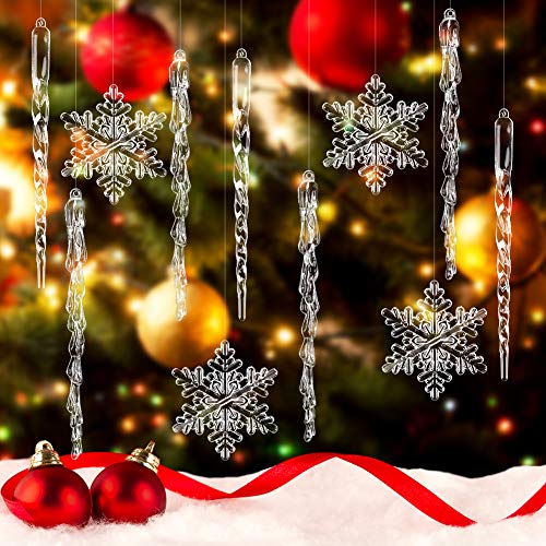 SallyFashion Weihnachtsbaum Anhänger, 30 Stück Acryl Schneeflocken und Eiszapfen Christbaumschmuck mit Transparent Seil für Weihnachtsbaum Party Dekorationen