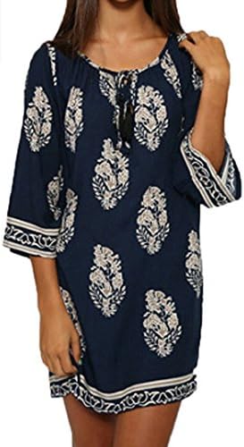 SAFJK dress Women Mini Print Dress 2018 Retro 3/4 Sleeve Lace up Long Tops Beach Plus Size Floral M
