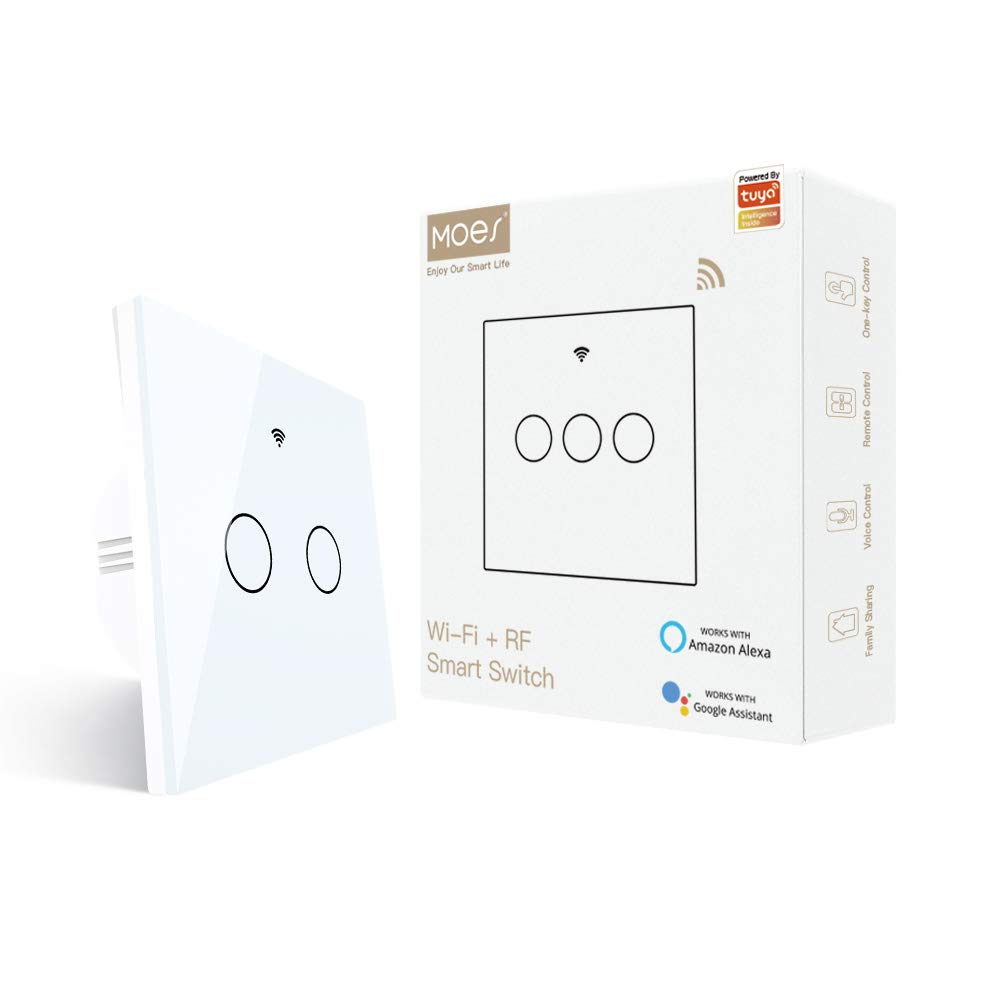 MOES WiFi RF433 Smart Light Switch, No Neutral Wire Needed, Single Live Wire Touch Wall Switch, Compatible with Smart Life/Tuya App, Voice Control Available with Alexa Google Home, 1 Way White, 2 Gang