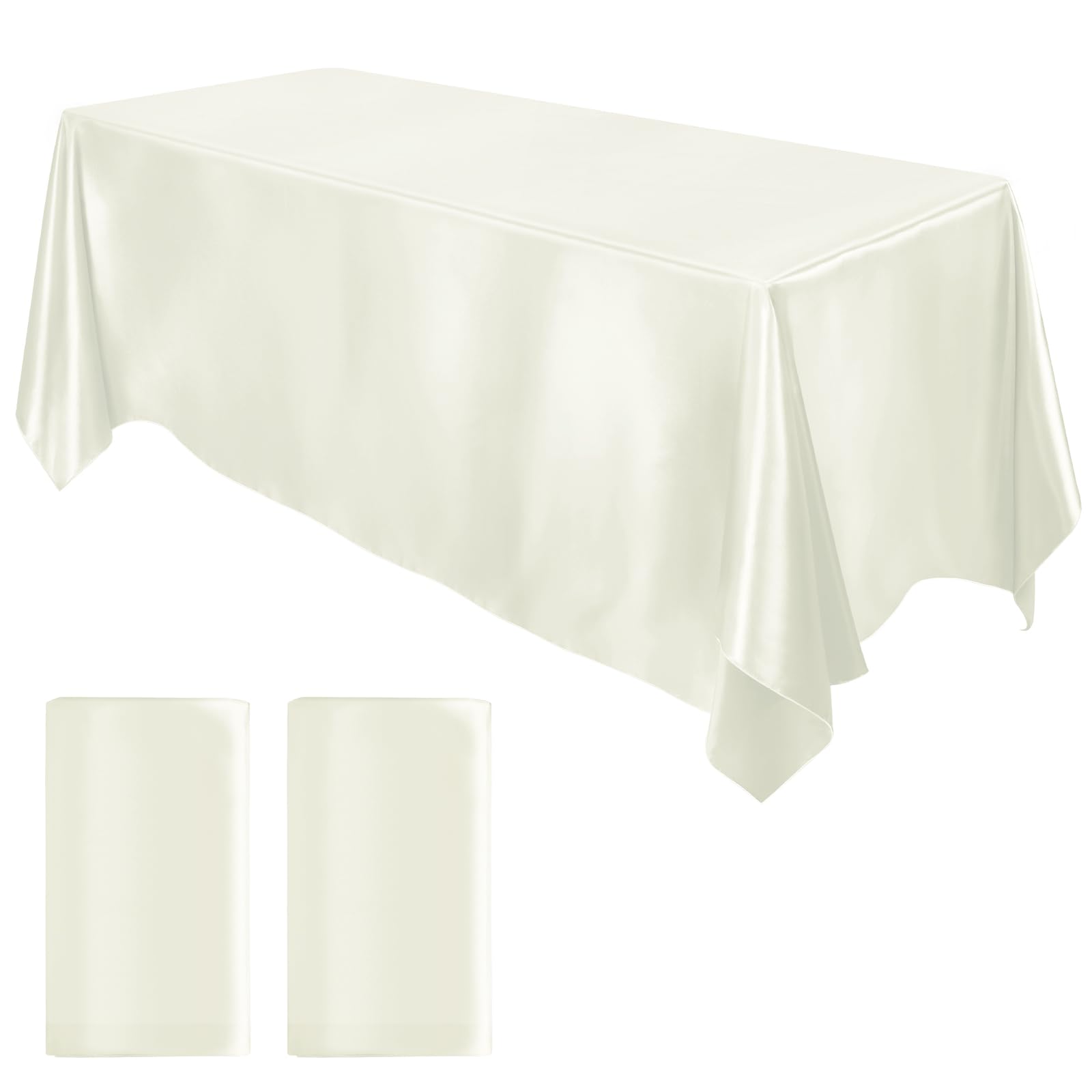 Photo 1 of ***MISSING ONE*** MCEAST 2 Packs Satin Tablecloth 102 x 58 Inches Rectangular Table Overlay Cover Bright Silk Tablecloth Smooth Fabric Table Decor for Wedding Banquet Decoration (Ivory)
