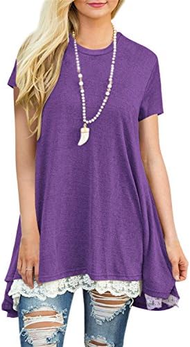 FERYSHE Women's Lace Splicing Short Sleeve Tunic Shirts Long Blouse Tops XXL Dark Purple