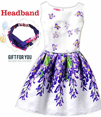 Sylaon Girls Dresses Sleeveless Floral Skirt Princess Casual Dress for Summer Wedding Party with Headband 4-12Y (11-12Y/Height 58-61, A-Lavender)