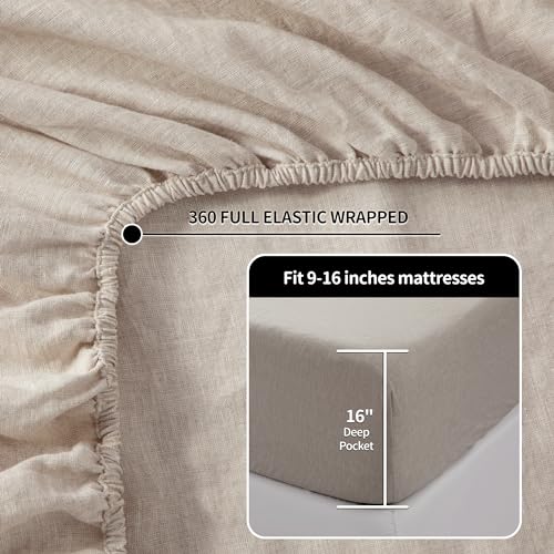 LBRO2M 100% Pure Linen Sheet Set Deep Pocket Up to 16" Bed Sheets Sets, Natural Flax Beddings Soft, Breathable, Comfortable for All Seasons 4 Pcs Sheet Set Queen Size, Linen