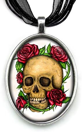 Pendant Necklace Handmade Jewelry Original Art Painting Organza Ribbon Necklace by Artist Carly Landry (Skull and Roses)