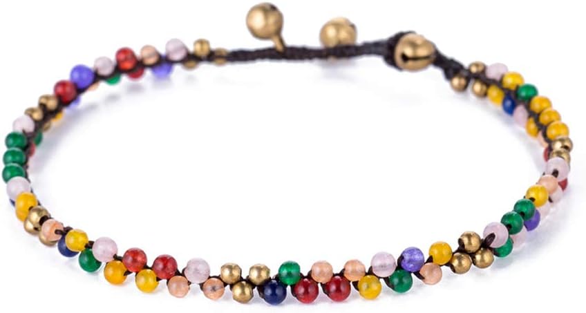 Handmade Stone Beaded Chain Anklet for Women Vintage Ankle Bracelet for Teen Girls, Bohemian Bell Clasp Braided Ankle Bracelets Foot Jewelry