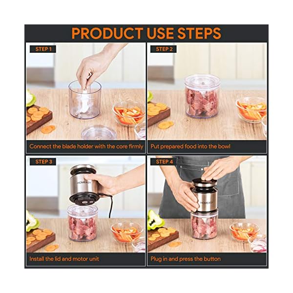 Mini Meat Grinder, Homeasy Mini Food Processor Food Grinder 600ml Stainless Steel Small Chopper for Salad, Sauces…