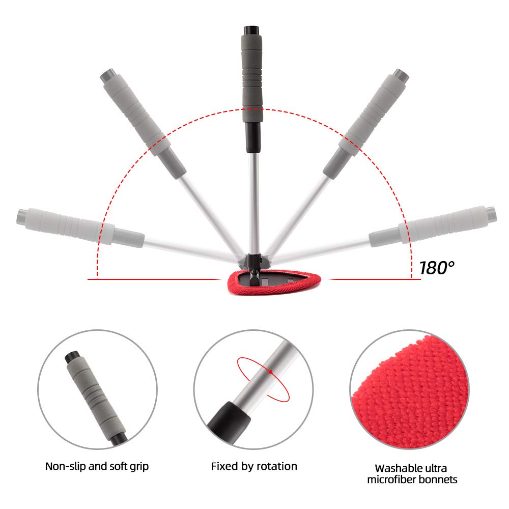 QUEES Windshield Cleaning Tool Unbreakable Car Window Glass Cleaner with Extendable Handle and 2 Washable Reusable Microfiber Pads 1 Wash Sponge