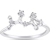 AFFY 1/10 Carat Natural Round Diamond Celestial Star Horoscope Astrology Zodiac Sign Ring In 14k White Gold Over Sterling Silver (0.1 Cttw, H-I Color, I1-I2 Clarity)