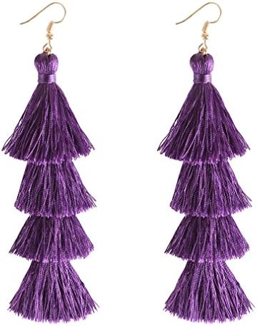 HSWE Tassel Earrings Hula Skirt Thread Tassel Eardrop Tiered Dangle Earrings Purple