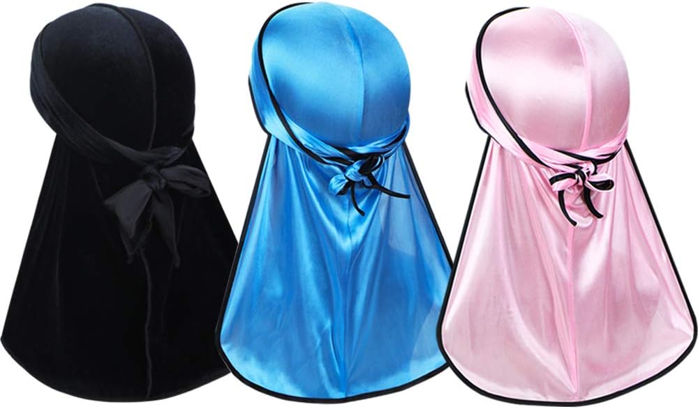 3 Pcs Wave Durags (Velvet Durag and 2 Pcs Soft Durags) – Premium Soft Headwraps with Extra Long Tail Perfect for 360 Waves