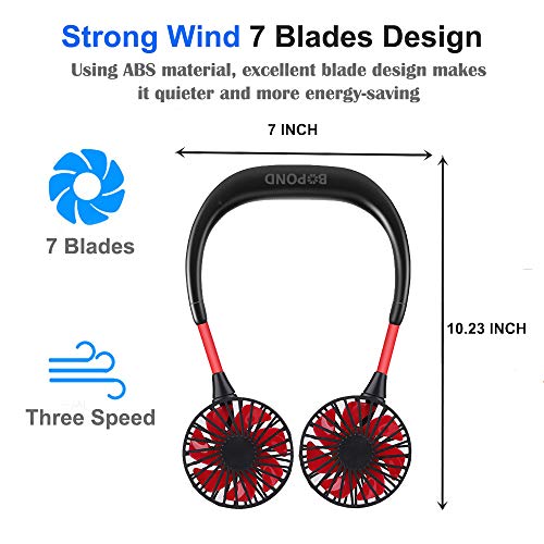 Portable Neck Fan USB Rechargeable Mini Hand Free Personal Fan 2000mA 3 Adjustable Speed Wearable Neckband Fan for Camping Traveling Office Room