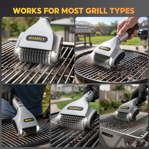 SOARFLY Electric Grill Brush for Outdoor Grill, 2-Speed & 20kg Torque Electric BBQ Grill Brush, Powerful Motor 800RPM Fast Safe Grill Cleaner, 4000mAh Long Battery Life, LED Light, Gifts for Men Dad