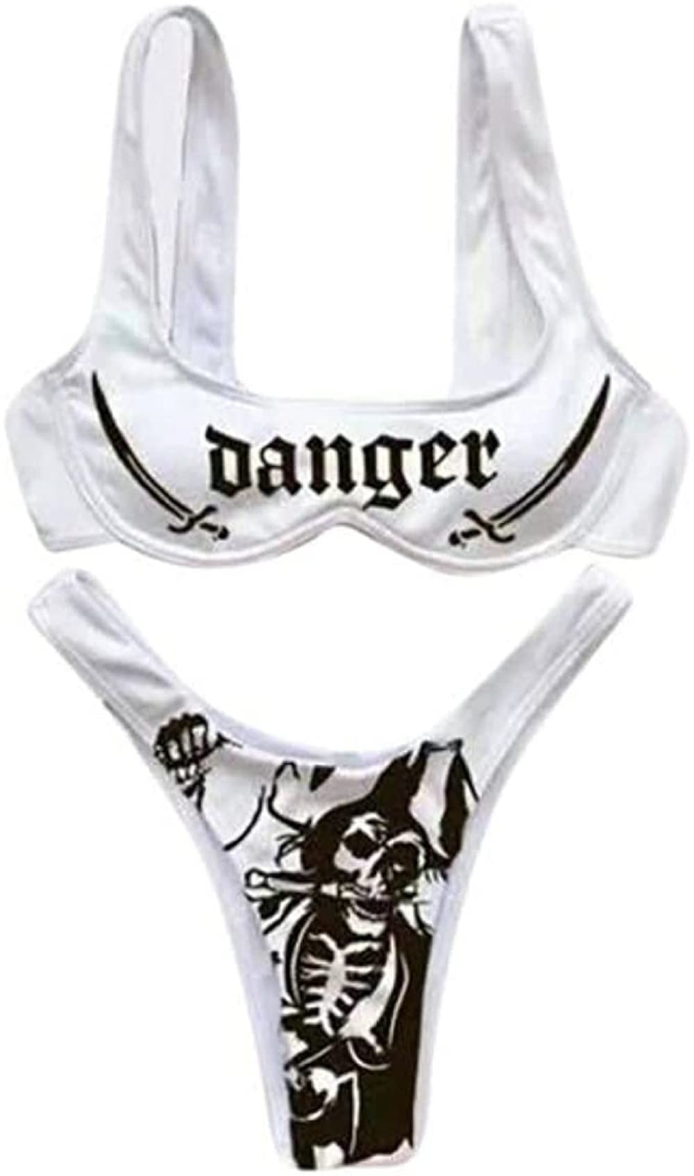 Photo 1 of AIBEARTY Women's Skull Letter Printed Two Piece Swimsuit High Cut Triangle Bikini Set for Party Festival Halloween Silver