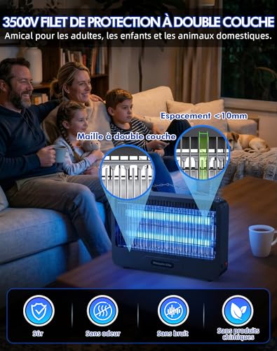 Lampe Anti Moustique Extérieur 3500V, Tue Mouche Électrique 20W, UV Lampe Anti Mouche avec Chaîne Métallique, Sécurisé, Éco-Énergétique et Silencieuse, pour Chambre, Cuisine, Cour et Jardin (100m²)