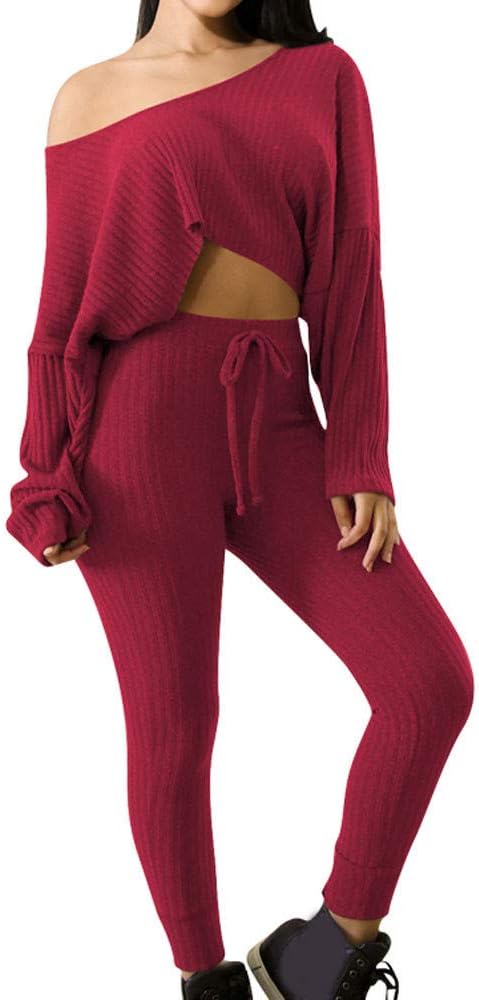 Tracksuits Womens Ladies Off Shoulder Bardot Cable Knitted Warm Jumpers and Sweatpants 2PC Loungewear Suit 2 Pieces Set