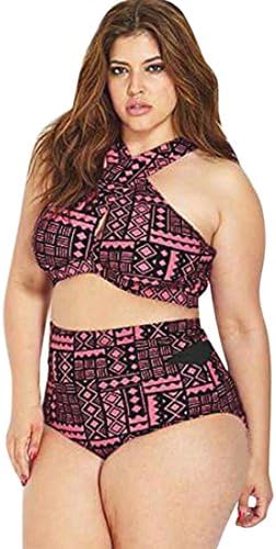 Women Plus Size Criss Cross Push-Up Bikini Backless Geometric Print 2 Piece High Waisted Bikini Swimsuit Swimwear (Black, XXXXL)