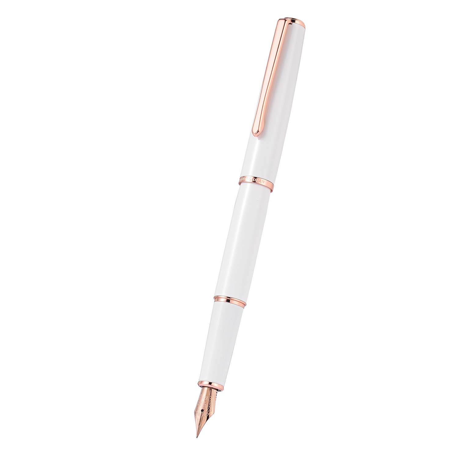 Hongdian 920 Fountain Pen, Rose Gold Plated Extra Fine Nib and Trim, White Metal Barrel with Small Pen Bag