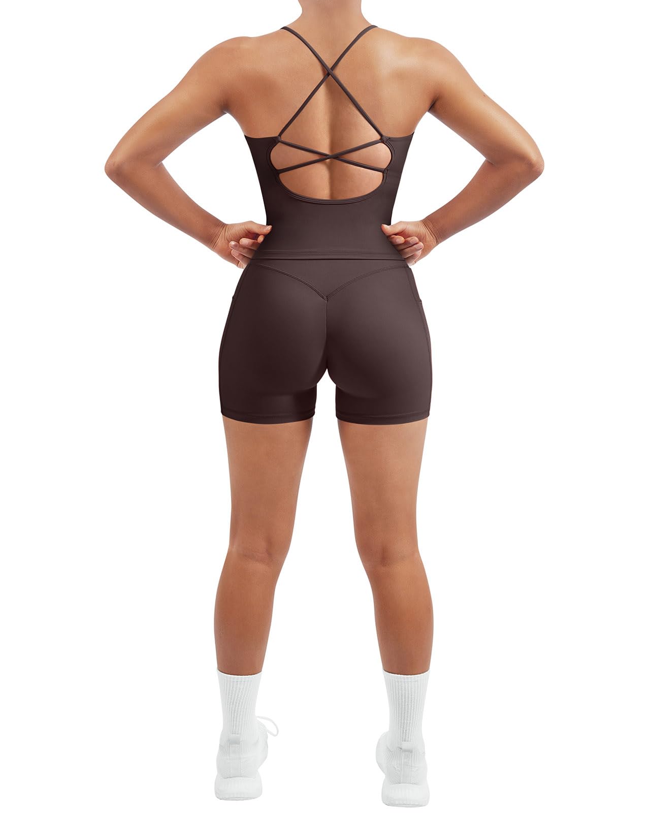Photo 1 of SUUKSESS Women 2 Piece Workout Sets Hidden Scrunch Butt Lifting Yoga Shorts with Pockets Backless Strappy Padded Tank Tops Outfits (Deep Brown, M)