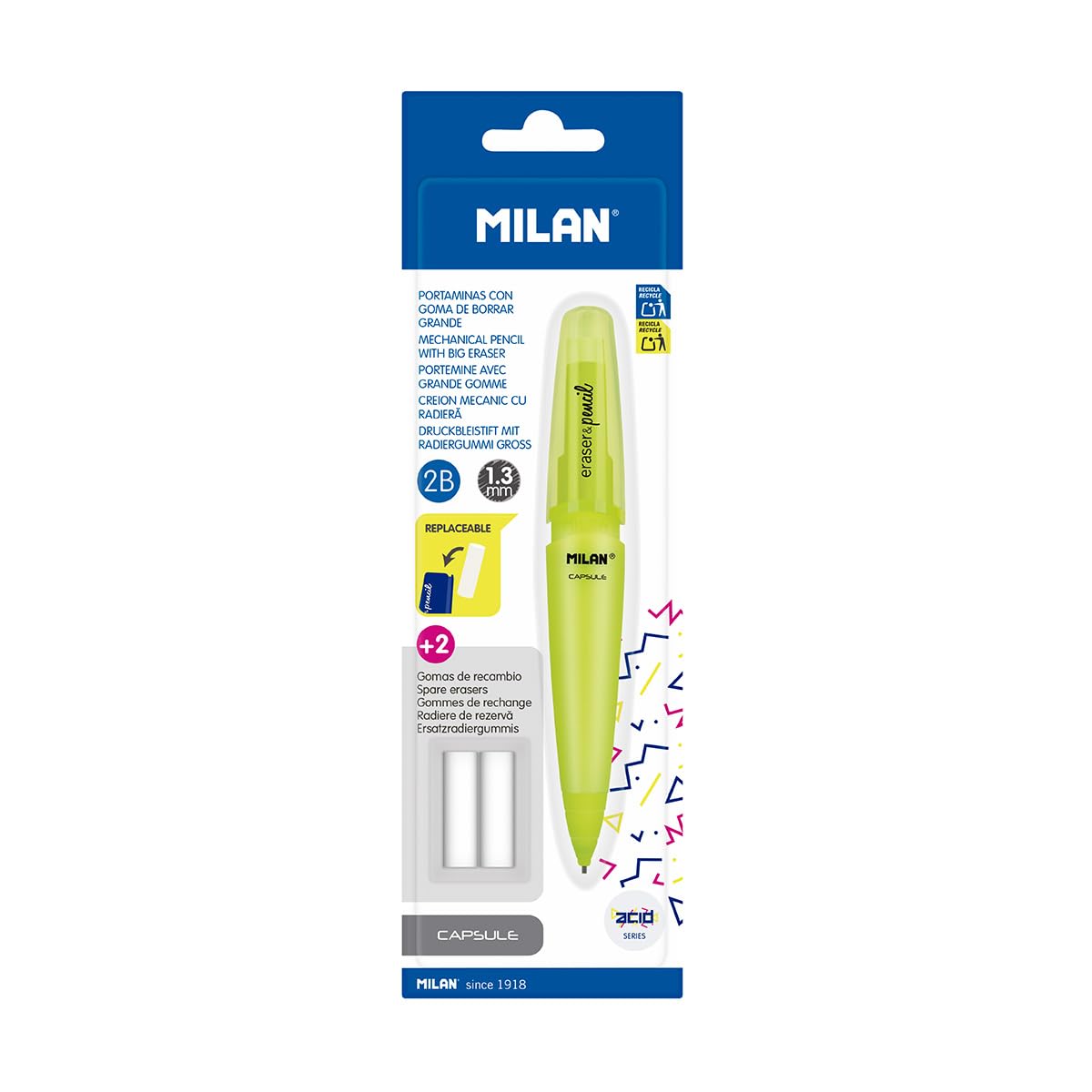 MILAN Capsule Fluo 2B Mechanical Pencil Blister + 2 Replacement Erasers