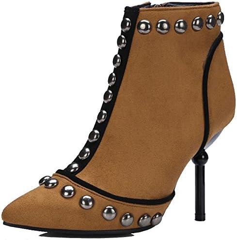 Easemax Women's Trendy Frosted Contrasting Color Rivets Pointed Toe High Stiletto Heel Side Zipper Ankle Boots Brown 13 B(M) US