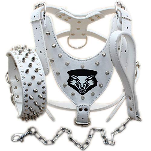 haoyueer Medium & Large Breed Leather Spiked Studded Dog Harness,Collar & Leashes 3Pcs Set for Medium & Large Dog Pit Bull,Mastiff, Boxer, Bull Terrier (M, White)