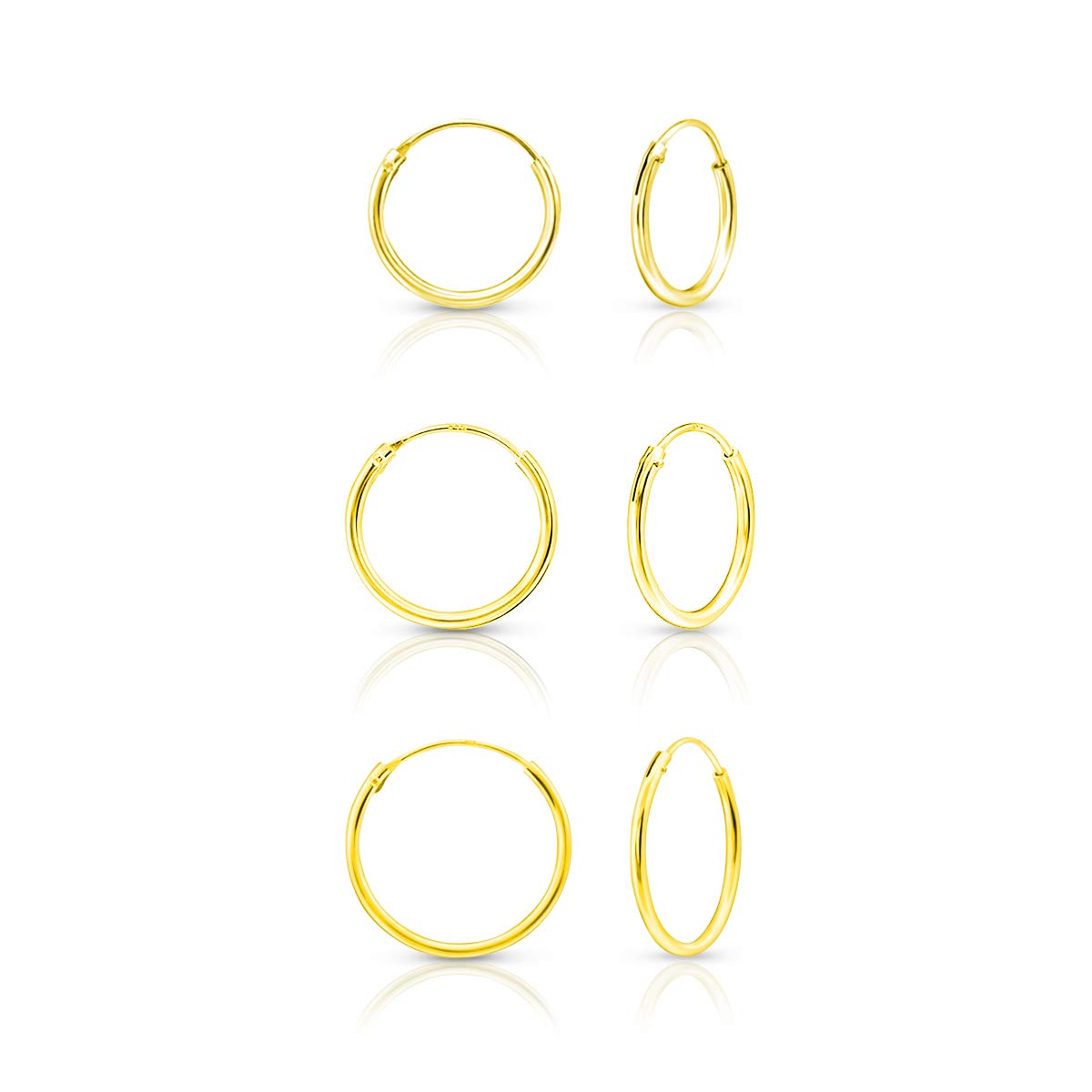 DTPsilver® Set of 3 Pairs of MEDIUM Hoops Earrings 925 Sterling Silver Yellow Gold Plated - Thickness 1.5 mm - Diameter 16, 18, 20 mm