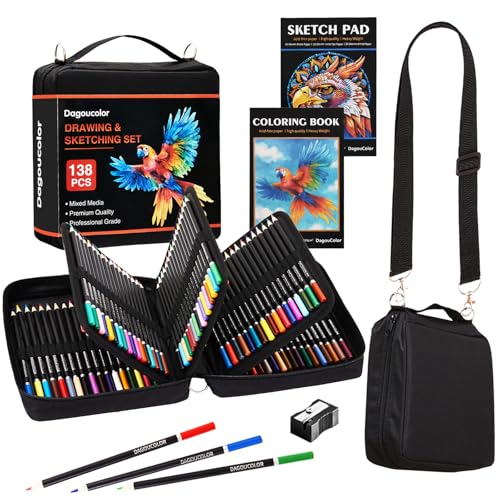 DagouColor Colors Pencil Shoulder Bag, 136 Pencils Drawing Kit, Drawing Set with 3-Color Sketchbook & Coloring Book, Art Supplies For Beginner Artists Professional Media