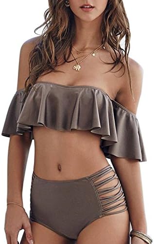 Trincent Women Two Pieces Clear Sexy Swimsuit Crop Ruffled Off-Shoulder Padded Bikini Sets Brown M