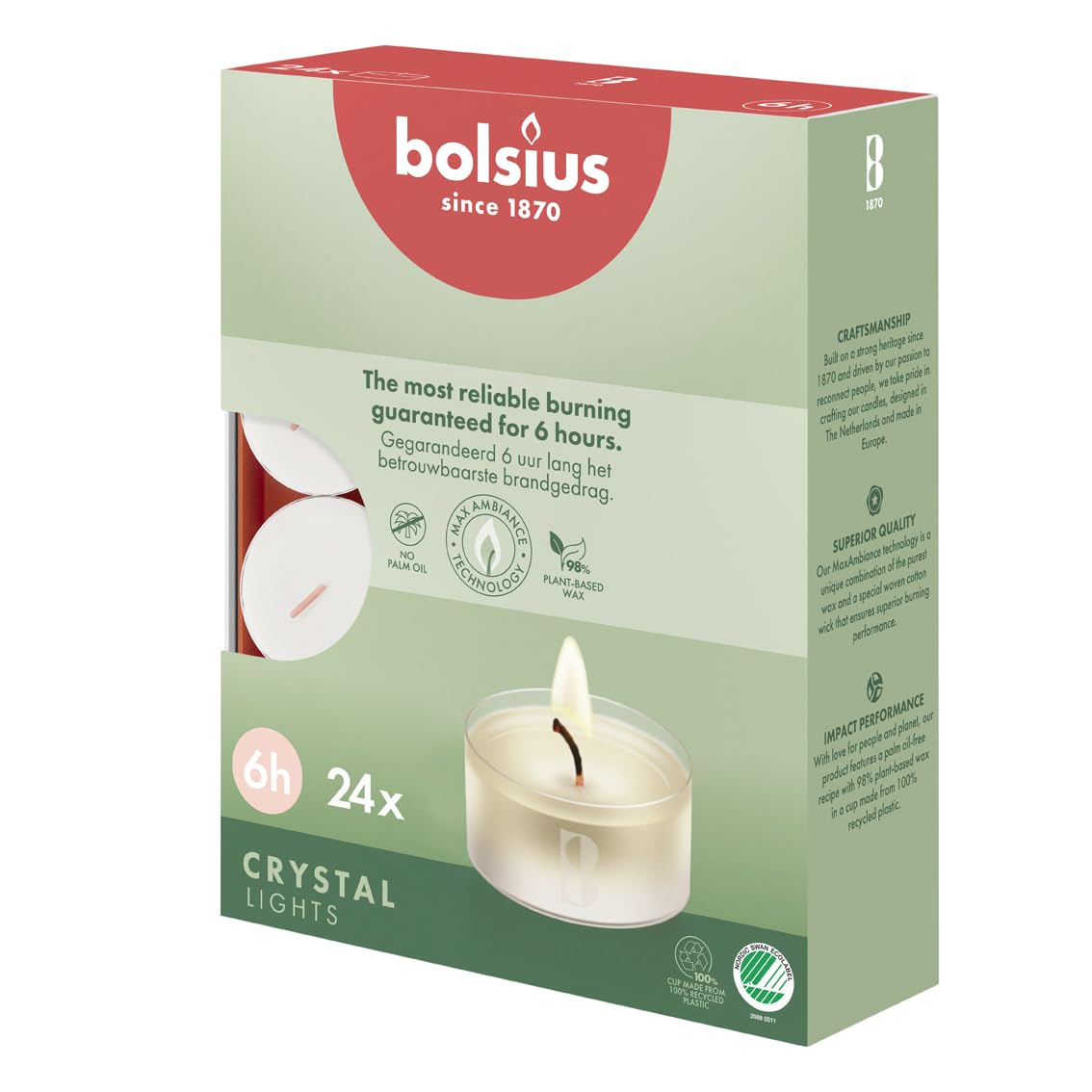 Bolsius Tealight Candles - Clear Cup - White - Box of 24 Transparent Tealights - Long Burning Time of 6 Hours - Unscented - Smokeless - Includes Natural Vegan Wax - No Palm Oil, Packaging May Vary