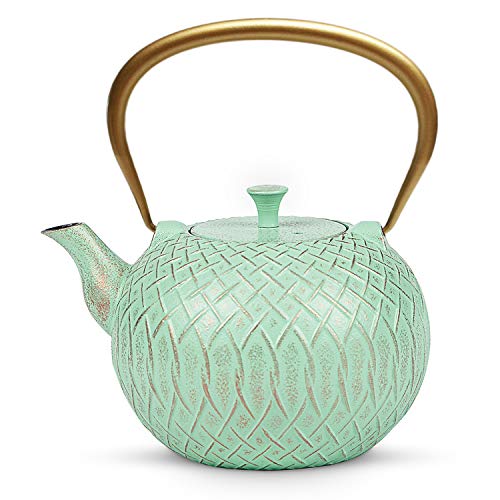 Tea Kettle, Toptier Japanese Cast Iron Tea Kettle for Stove Top, Stovetop Safe Teapot with Infusers for Loose Tea, 34 Ounce (1000 ml), Green Melody