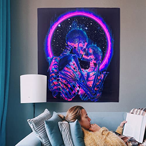 Blacklight Tapestry UV Reactive ,Skull Lovers Neon Tapestry Glow in The Dark , Black Light Tapestries Trippy Wall Hanging for Living Room Dorm Decor–Medium Tapestry51.2” x 59.1”