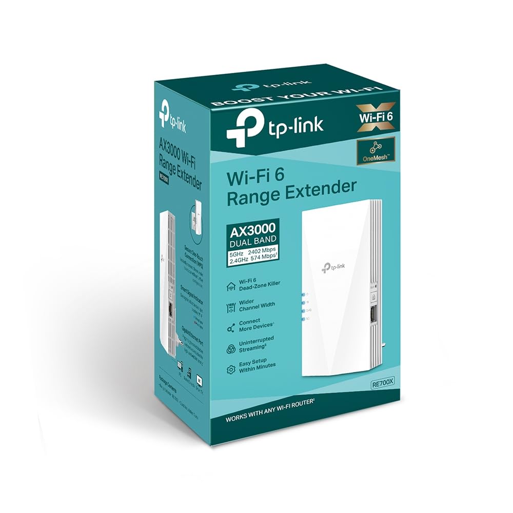 TP-Link RE700X WiFi 6 WLAN Verstärker Repeater AX3000, Dualband 2402MBit/s 5GHz + 574MBit/s 2,4GHz, MU-MIMO, Gigabit Port, Kompatibel mit Fritzbox 8