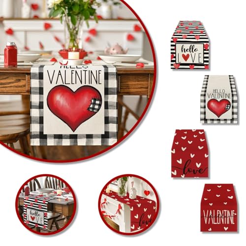 Valentines Table Runners With Red Heart Love, Table Runner, 120x33 Cm Linen Table Cloth,For Valentine'S Day Party Decor, Wedding Anniversary Birthday Decor Holiday Home Decorations (D)