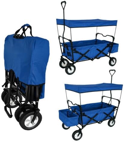 Trendy Folding Coated Black Steel Wagon Collapsible Utility Outdoor Garden Sports Beach Cart w/Canopy Blue Make It Easy To Move And Pull...