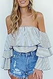 YeeSure Ruffle Off the Shoulder Top Shirt TS07 Striped Scalloped Tee for Women