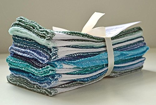 Paperless Towels, 1-Ply, Made from White Cotton Birdseye Fabric - 11x12 inches (28x30.5 cm) Set of 10 in Assorted Blues and Greens