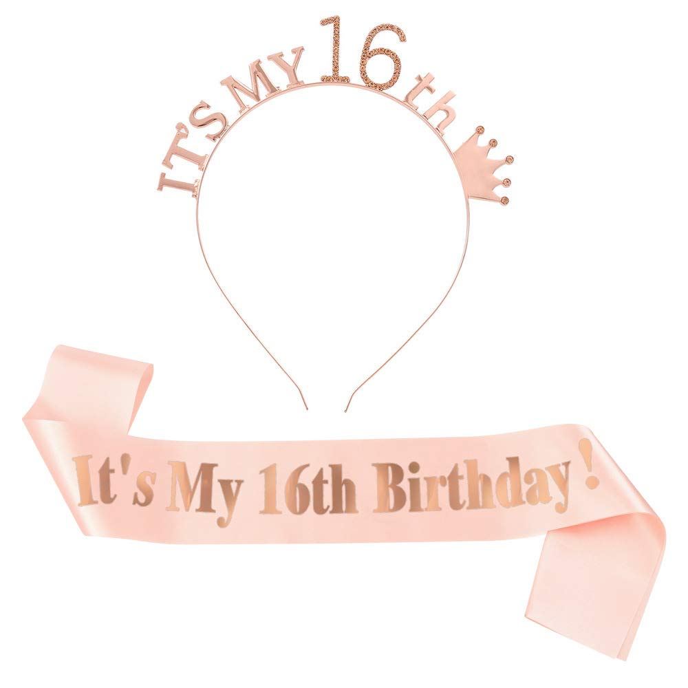 Camelliass 16th Birthday Tiara and Sash, Rhinestone Birthday Crown Headband Satin Sash for 16th Happy Birthday Party Decorations Supplies